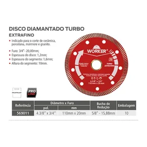 DISCO DIAMANTADO TURBO 4 1/2 X 20MM EXTRA FINO WORKER ( PORCELANATO COR VERMELHO )